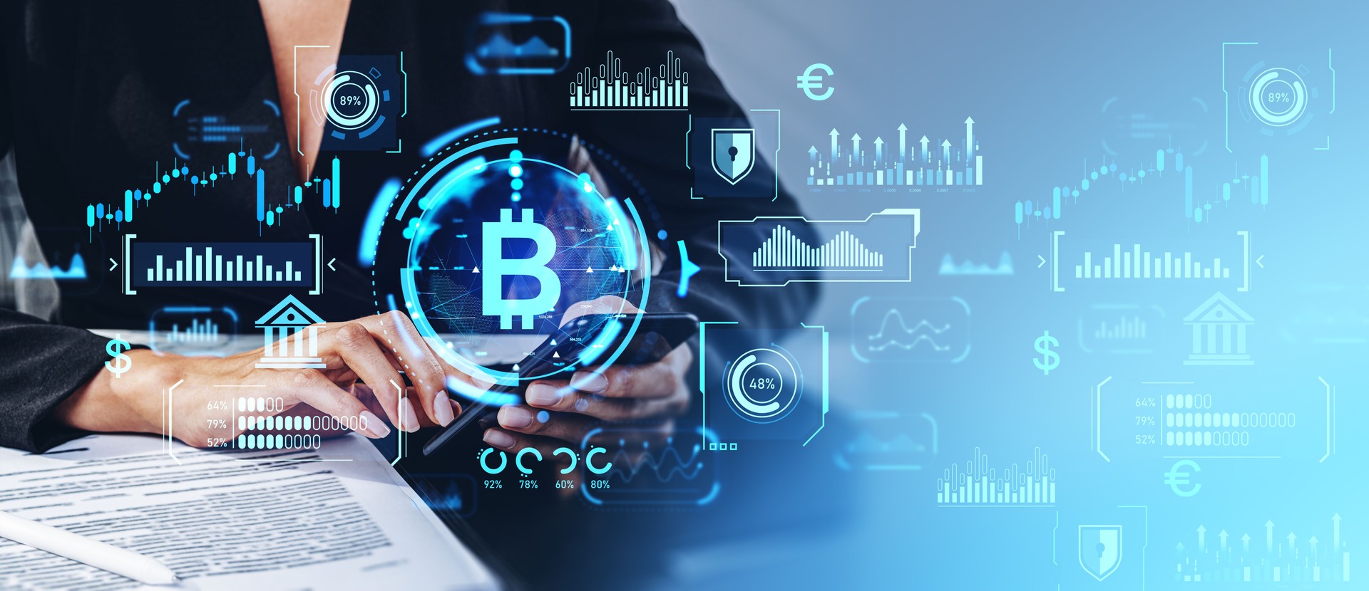 Woman working with smartphone, glowing bitcoin dashboard with statistics