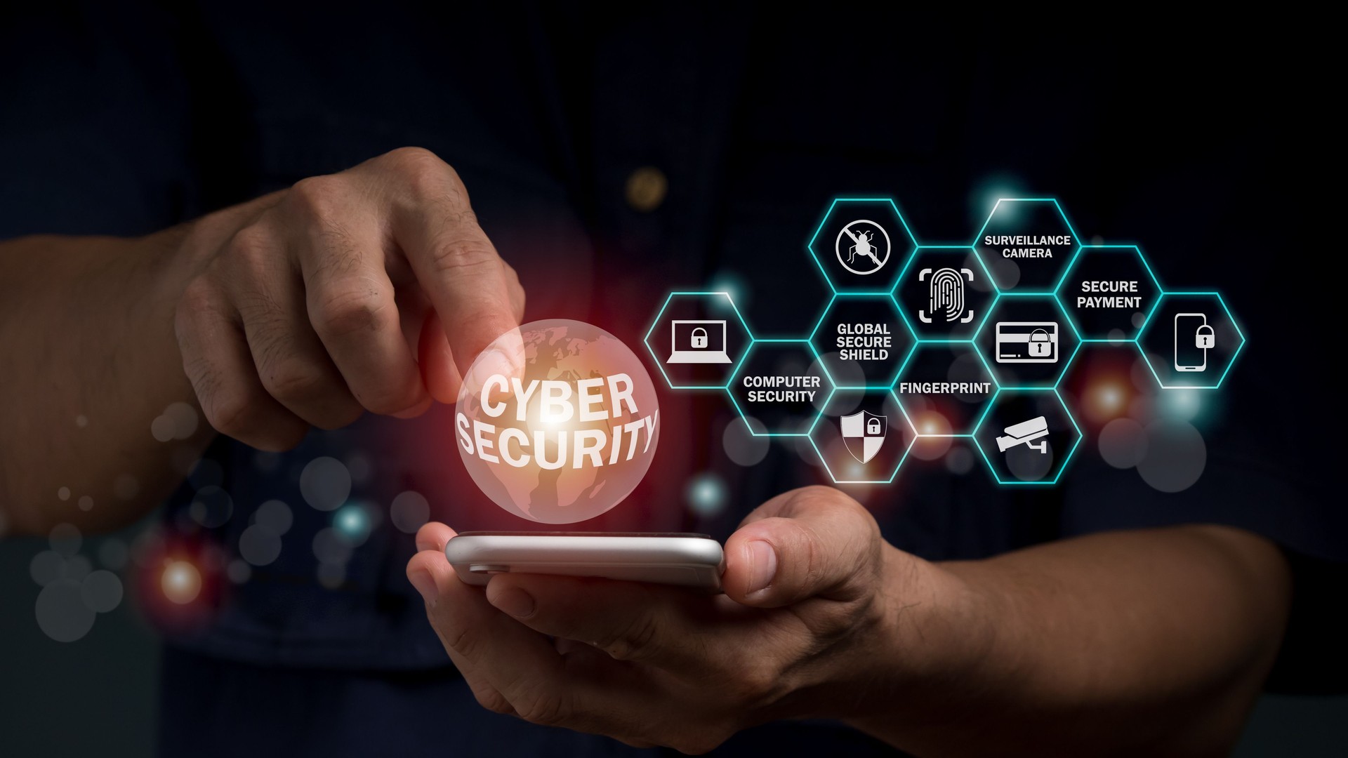 Cyber Security Datenspeicherkonzept mit Geschäftsmann-Point und Touchscreen mit Cloud-Service-Icons. Doppelbelichtung